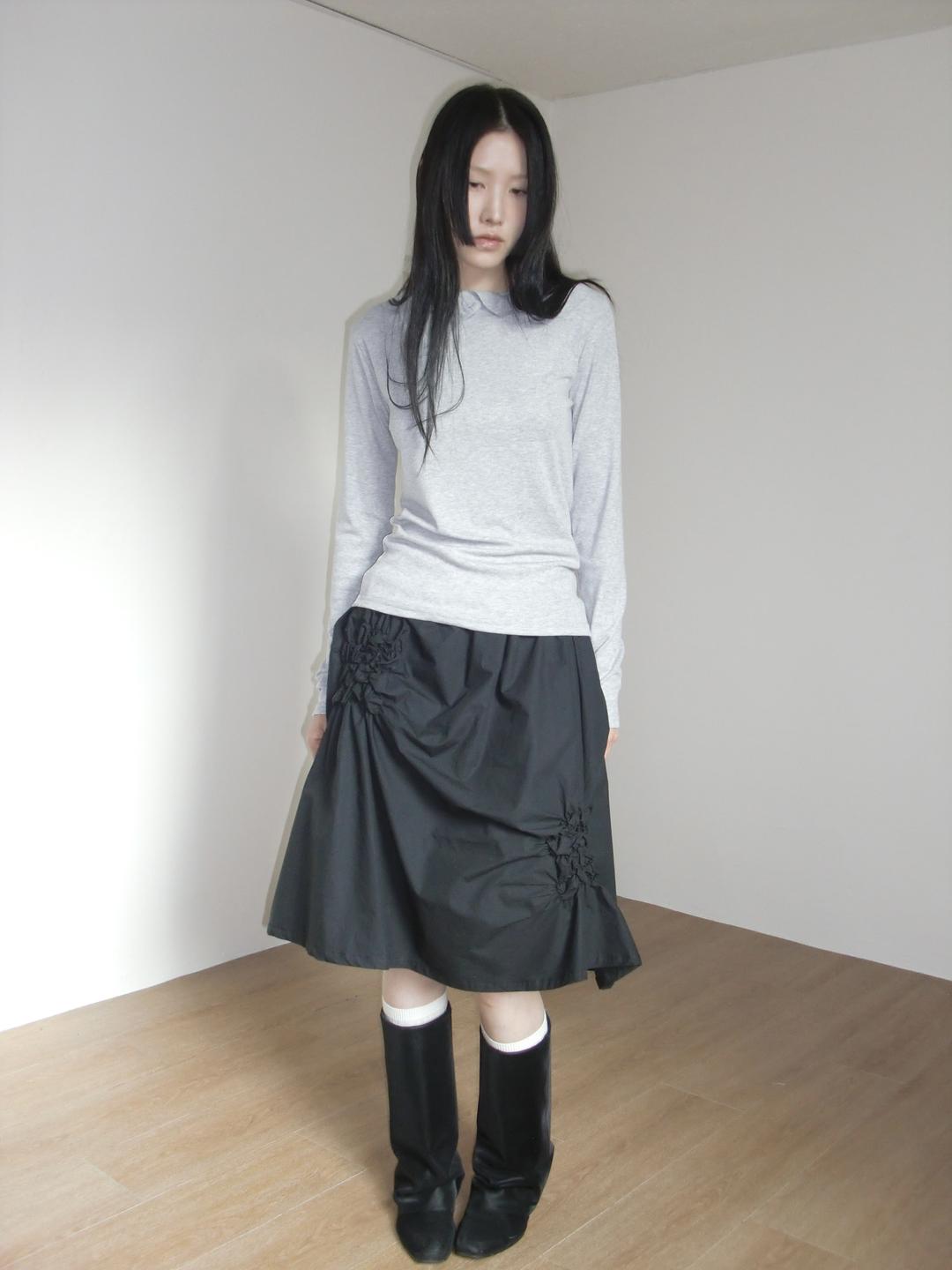 FLOWER SHIRRING SKIRT_BLACK