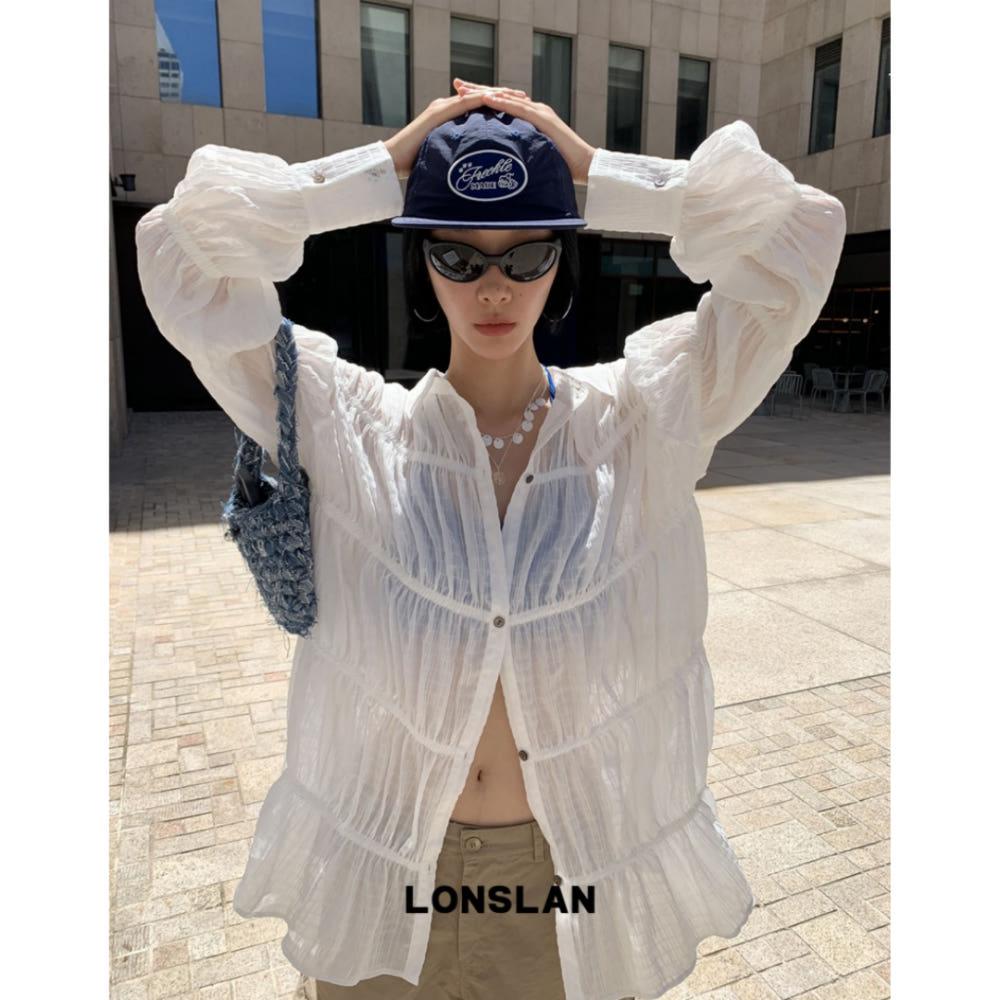 LONSLAN 셔츠 화이트 시스루 블라우스 플리츠 디자인 