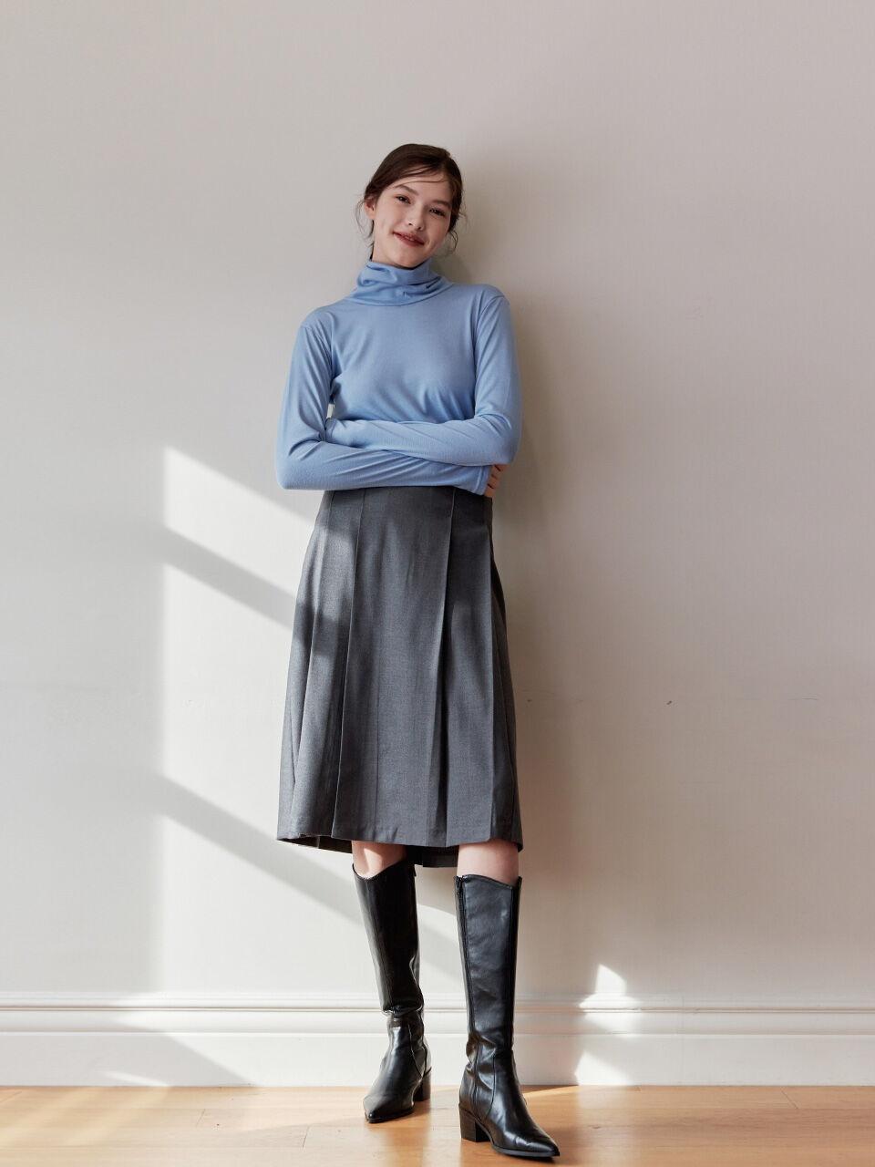 턱 플리츠 울 미디 스커트 그레이 [T24]