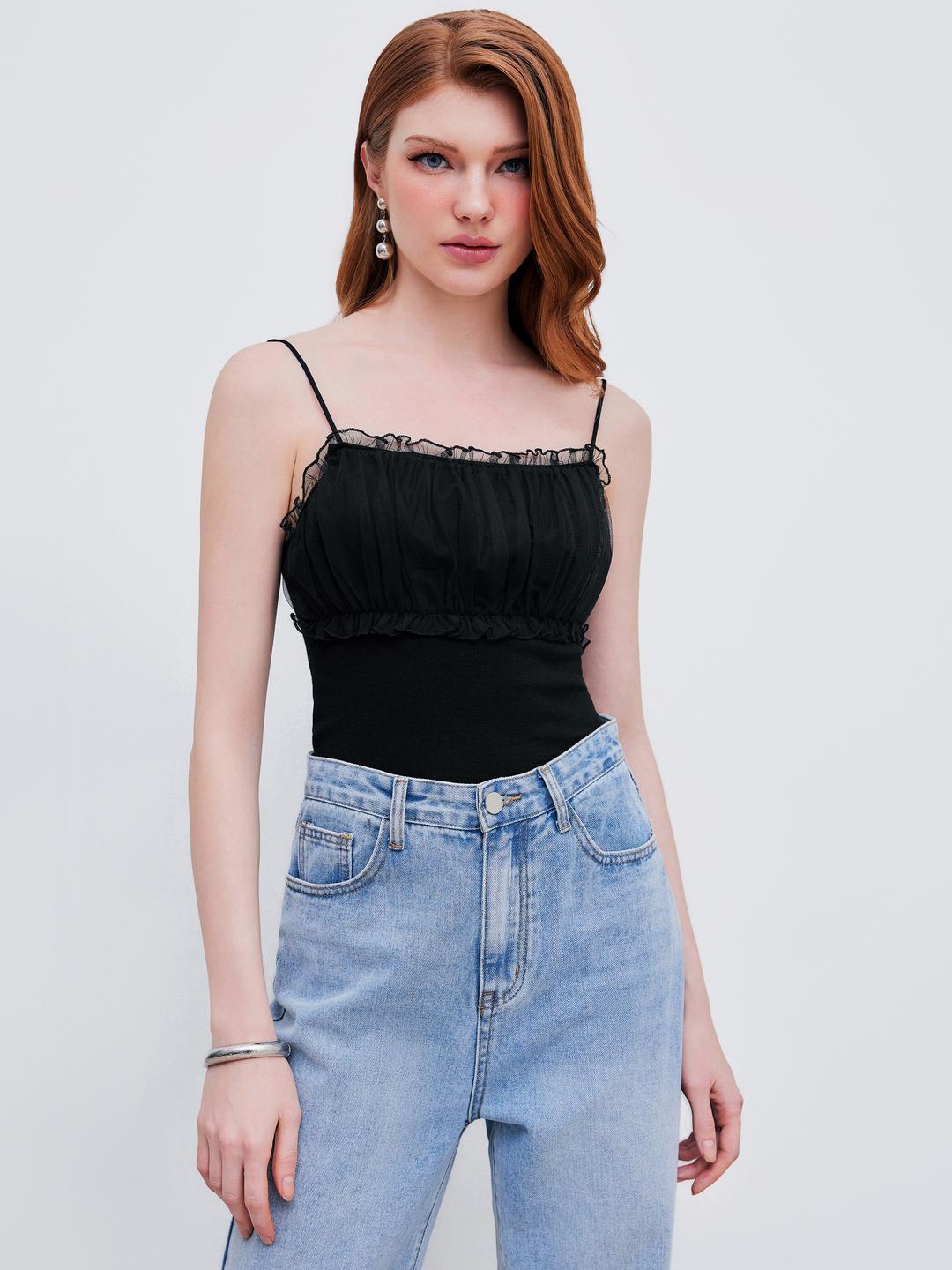 Knit Square Neck Lettuce Trim Cami Crop Top