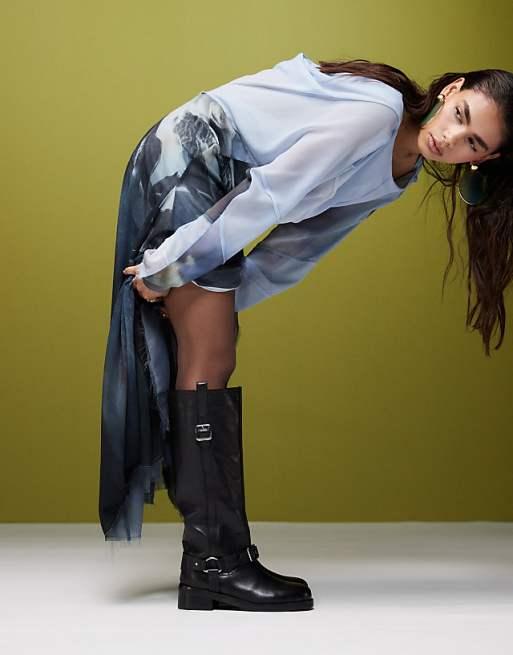 ASOS DESIGN - Cora - Bottes hauteur genou style motard en cuir avec détail harnais - Noir