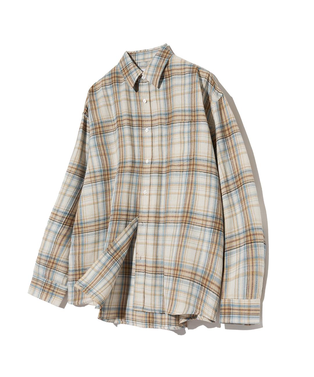 87-STAN083 Retro Plaid OverFit Pocket Long-Sleeved Check Shirt Sky Blue