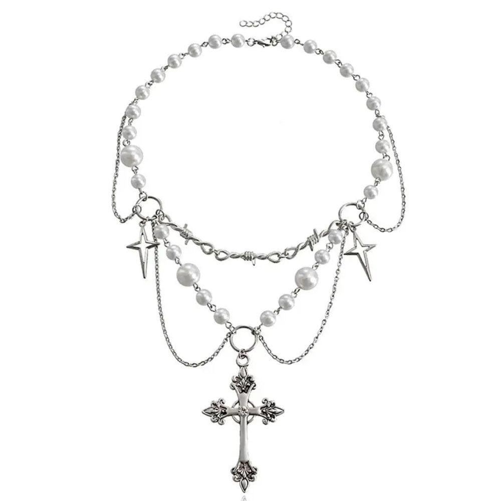 十字架パールネックレス - シルバー / F