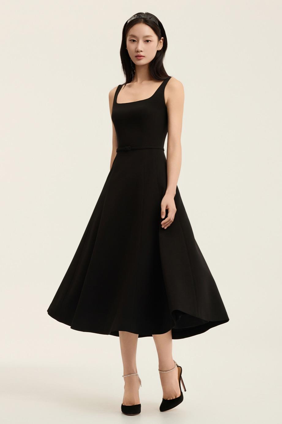 CREPE SQUARE NECKLINE SLEEVELESS FLARE DRESS