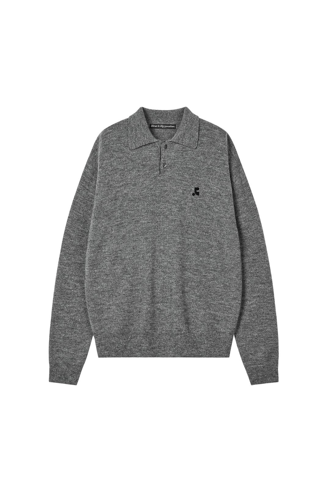 WOOL POLO KNIT TOP - CHARCOAL