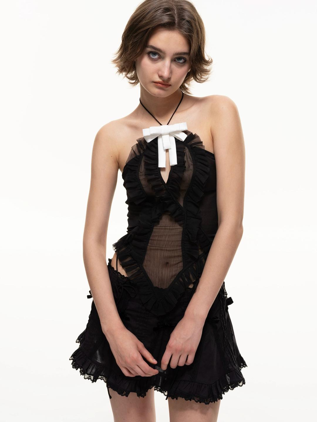 Nodress Black Ruffled Chiffon Camisole（Brooch Not Included）