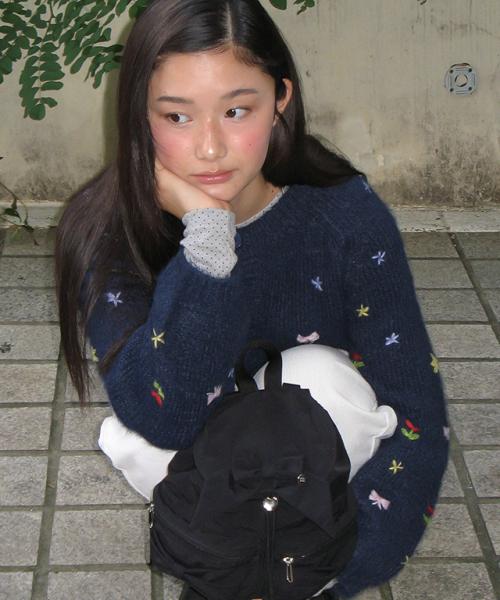 PETIT EMBROIDERY KNIT CARDIGAN NAVY