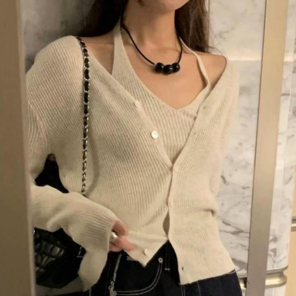 [당일 블랙] poster 포스터 캐시 홀터나시 니트가디건세트 3col 골지가디건 셋업룩