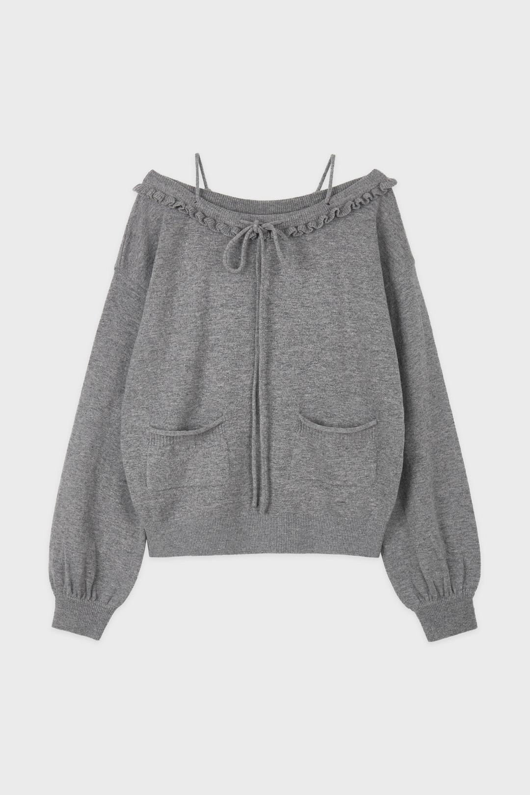 Ruffle Lace-Up Boatneck Knit (Grey)