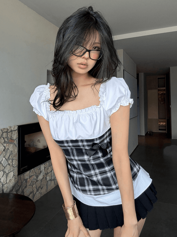 eat me plz Retro Check Puff Tie-up Short Sleeve