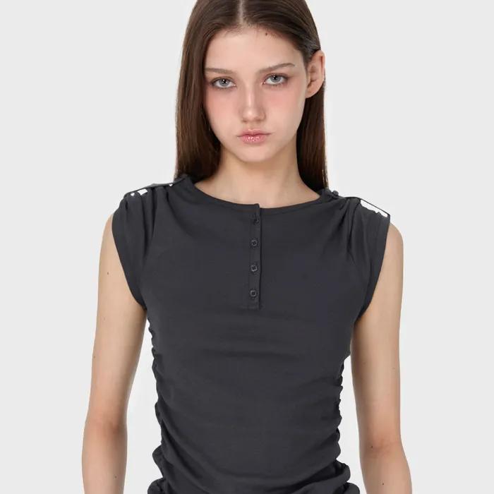 Henley Neck Shirring T-shirt, CHARCOAL
