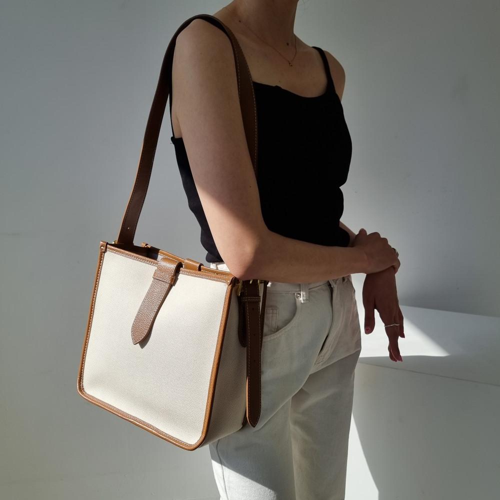 [리얼레더콤비]캔버스백 콤비 패브릭 에코백 데일리가방 사각 버킷백