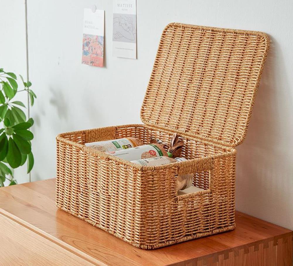 달빛마켓 내츄럴 볼튼 손잡이 뚜껑 사각 수납 라탄바구니 바스켓 S베이지