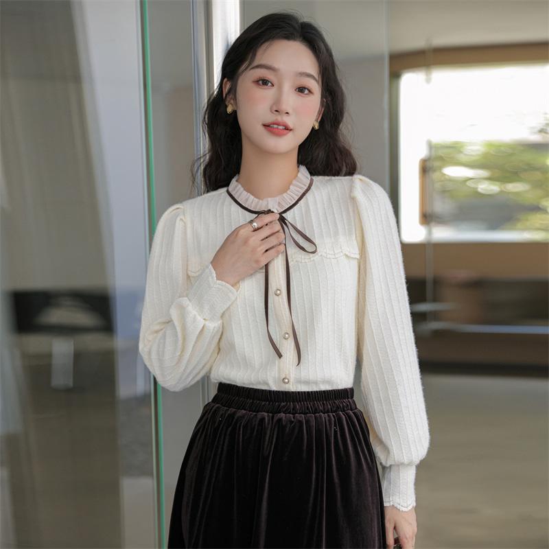 베이지하루 [입으면 빛이나] 여성 긴팔 프릴넥 블라우스 리본 프렌치스타일 셔츠 타이 퍼프,소매 레이스 스티치 여자 상의 탑 캐주얼 오피스룩 가을 겨울 봄 결혼식 하객룩 스탠드카라 프릴 러블리 데이트룩 올매치 코디 스트레이트 크루넥