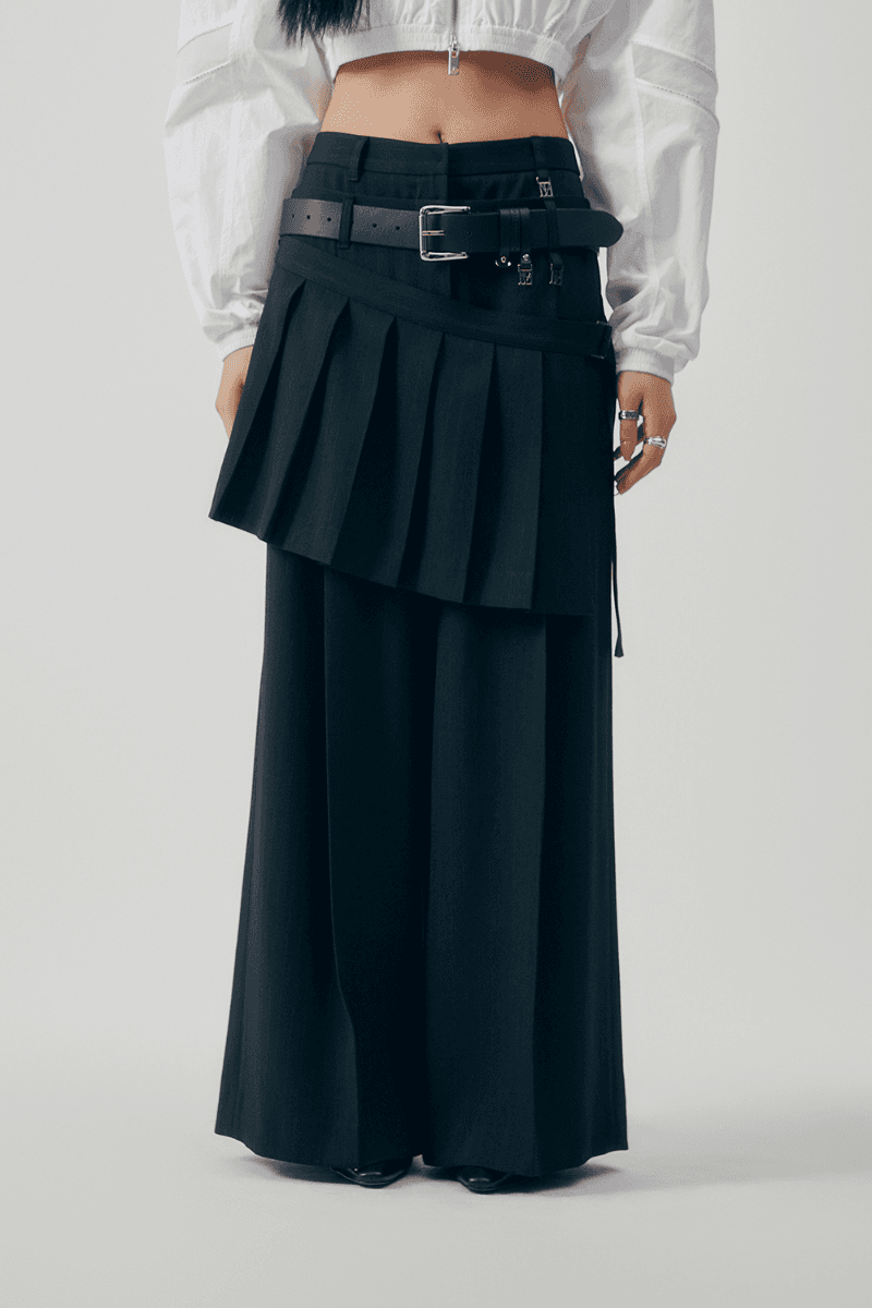Flowing Pleated Layered Pants [ Black ]