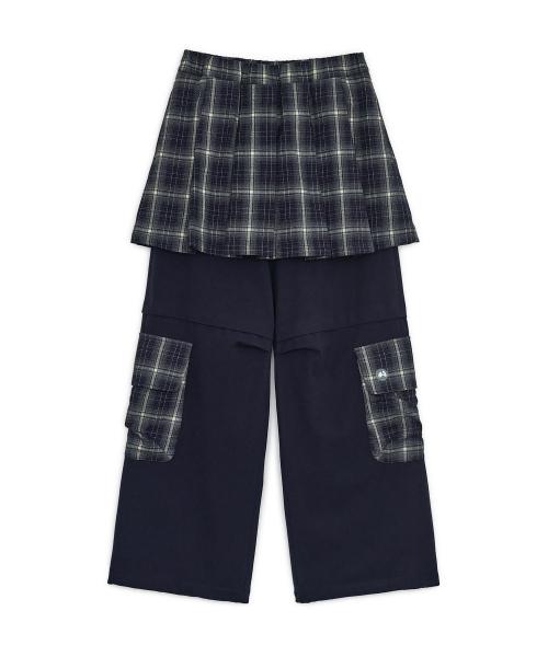 체크 스커트 레이어드 카고 팬츠 (네이비)