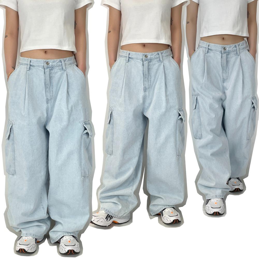 남녀공용 아이스 연청 데님 와이드 카고 팬츠