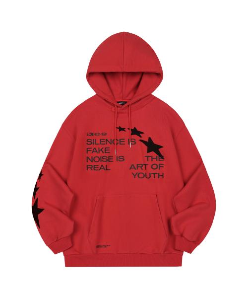 스타 아플리케 오버핏 후드 티셔츠 - RED