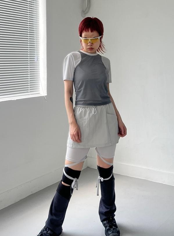 메쉬 콤비 반팔 레이어드 티셔츠