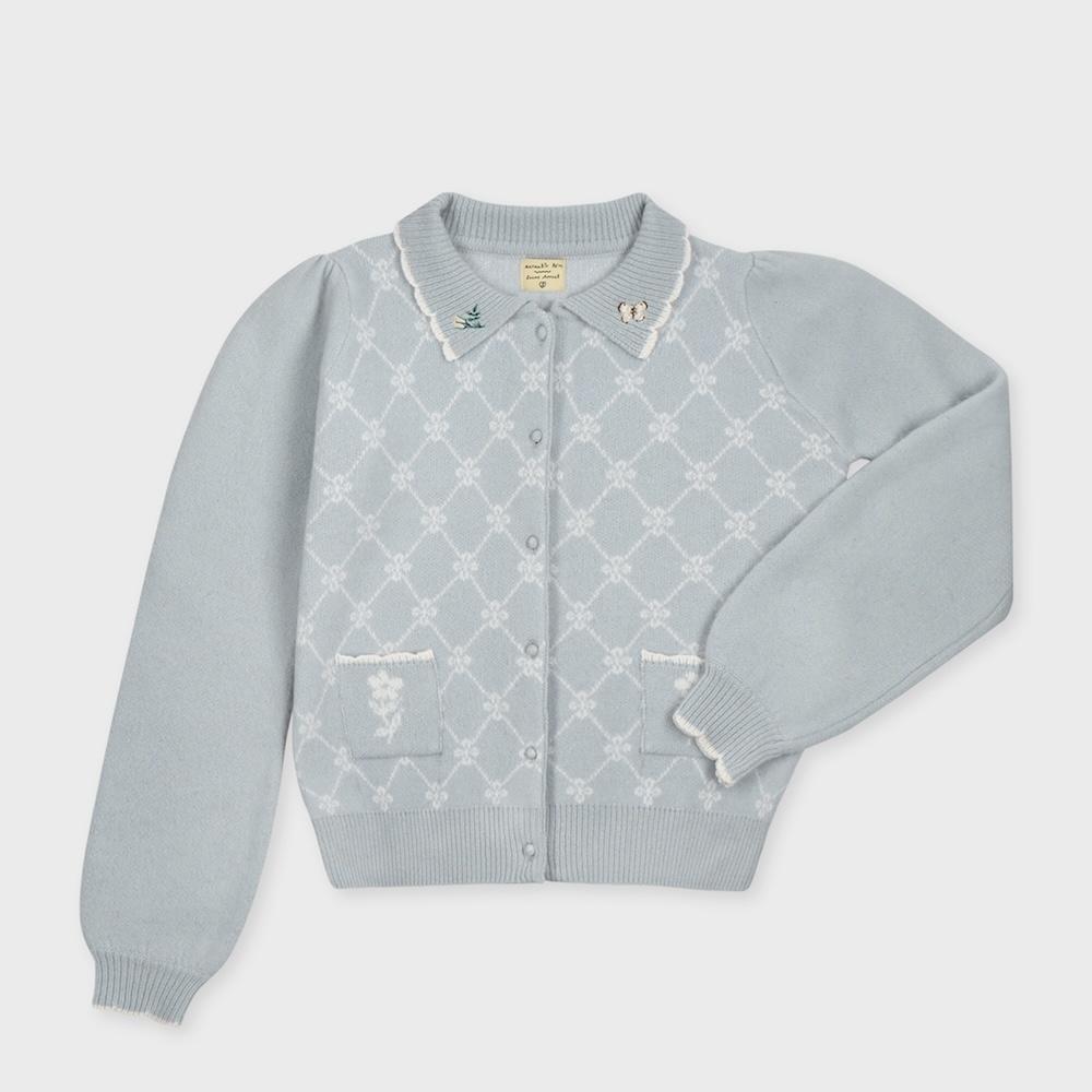 NAT cardigan flower argyle embroidery collar blue grey