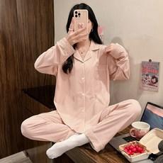 마쿠쿠 깅엄 체크 면 혼방 긴팔 여성 잠옷 세트 홈웨어 파자마