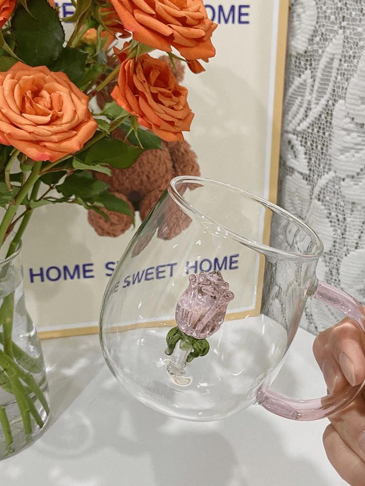 핑크 투명 위시 로즈 입체 유리 글라스잔