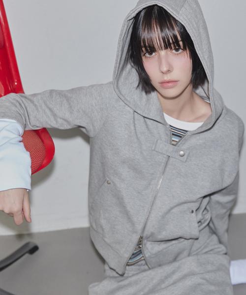Contrast Hoodie Zip-Up Melange Gray