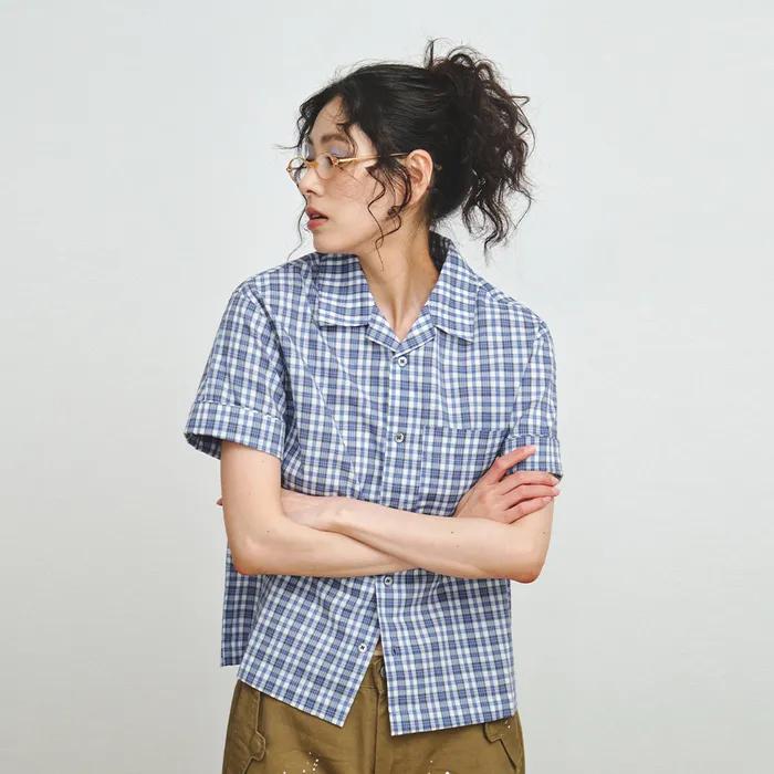 CHECK CINCH-BACK HALF SHIRT, BLUE