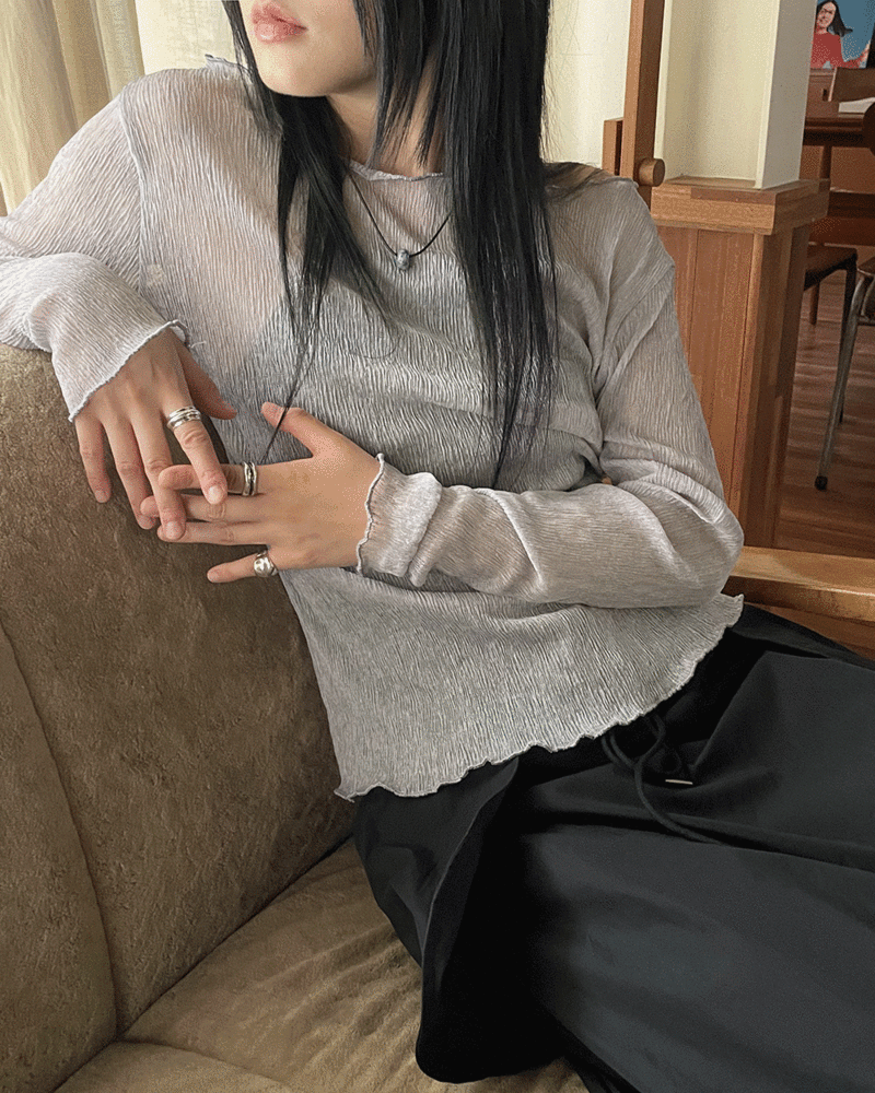 키레브 시스루 플리츠 보트넥 긴팔 티셔츠