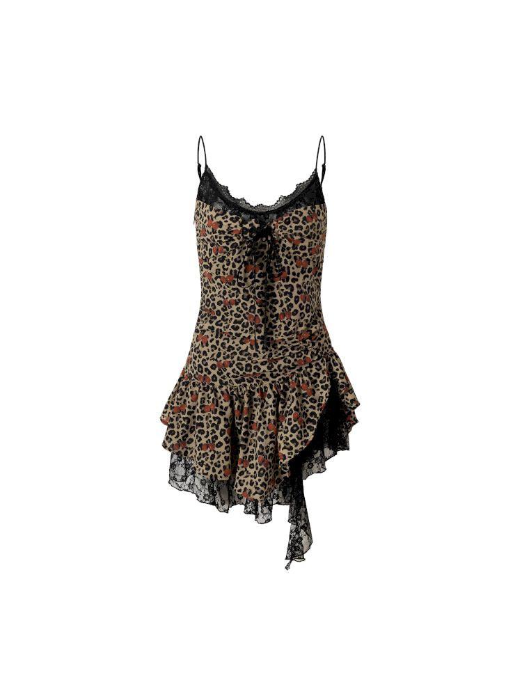 Leopard Heart Lace Splicing Skinny Halter Dress【s0000012325】