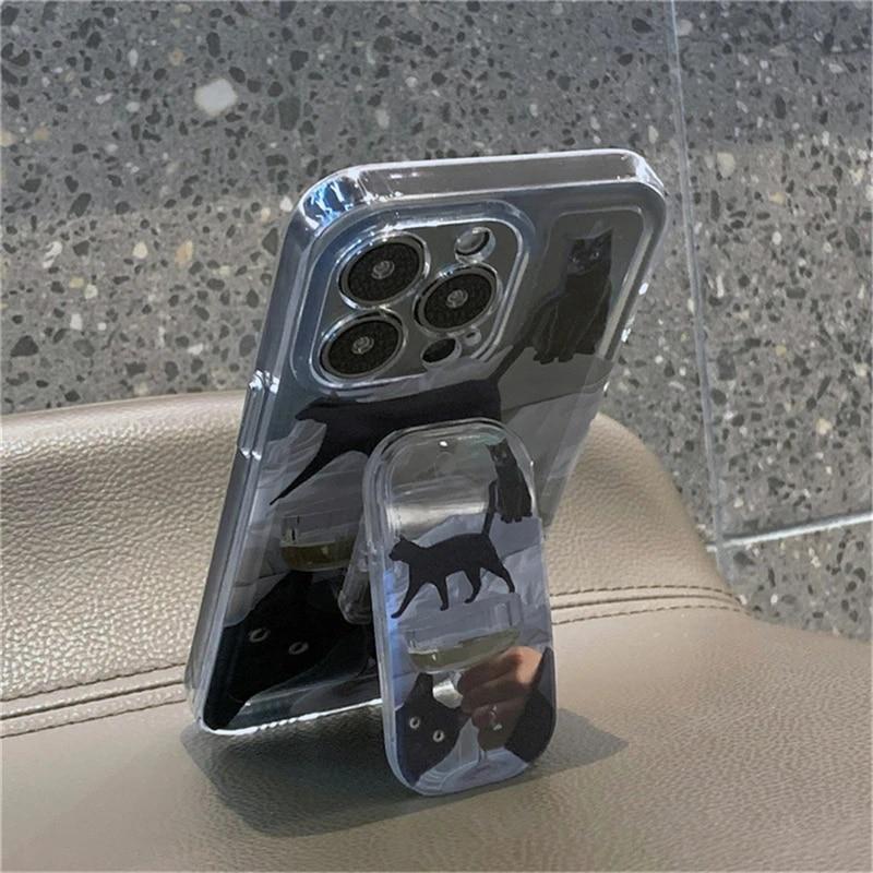 한국에서 귀여운 3D 블랙 고양이 푸시풀 브래킷 전화 케이스, 아이폰 13 12 11 프로 XS 맥스 X XR 홀더, 투명 충격 방지 소프트 커버