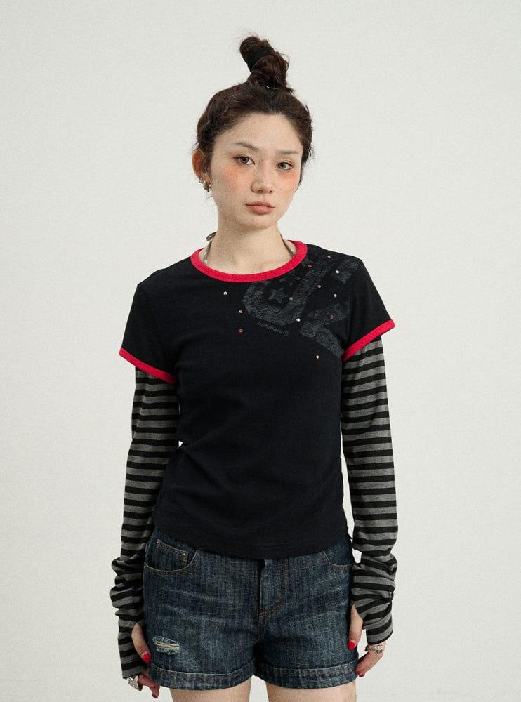 ACHIHARA 아치하라 블랙 레드 스트라이프 레이어 긴팔 상의