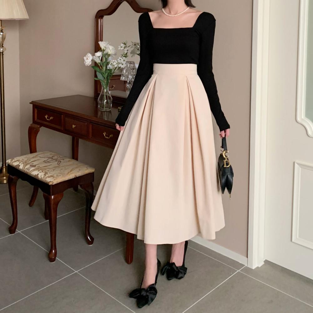 오드리 핀턱 플레어 롱 스커트 / 크림, 베이지, 블랙