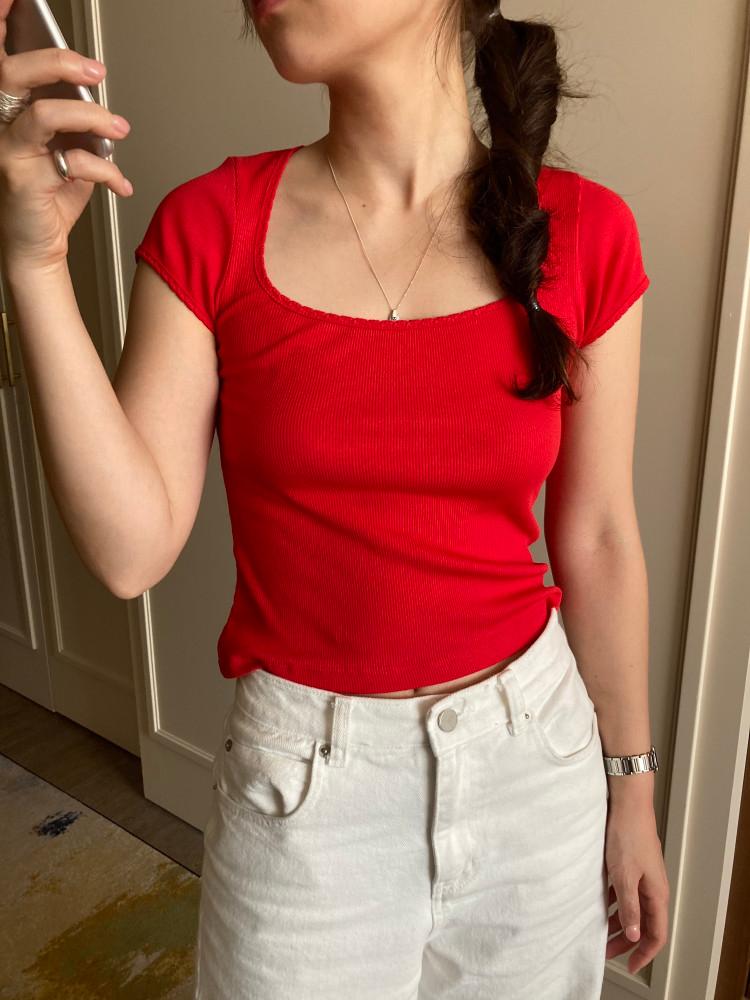 당일 / carol 캐롤 로즈 스퀘어 티셔츠 레이스 반팔 잔골지 크롭 t (3 color)