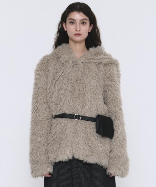 컬리 부클 헤비 에코 소프트 퍼 하프 후드 코트 [그레이]