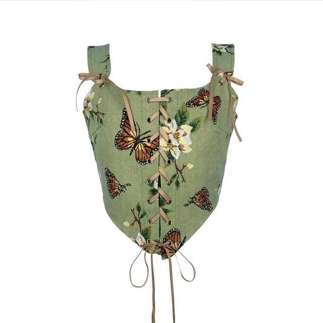 플라워 나비 자카드 리본 코르셋 크롭 뷔스티에 * 보헤미안 빈티지 무드