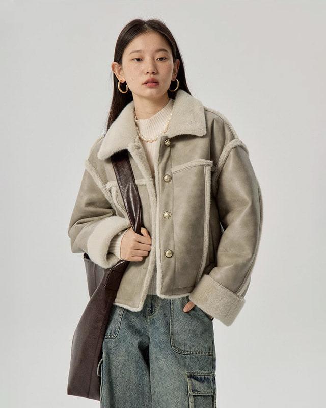 OMONT PU레더 무톤 자켓 (그레이 그린)