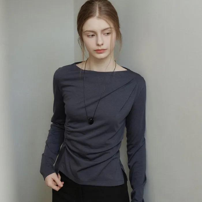 Boat-neck Soft Drape Shirring T-shirt Charcoal AT6TSA018CC
