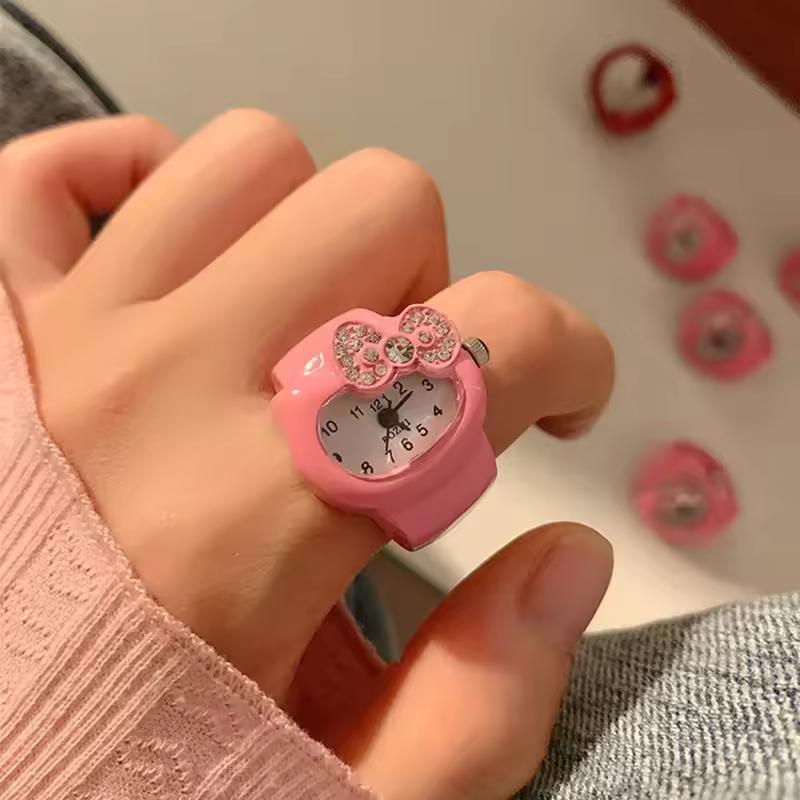 도매 Kawaii Sanrio 헬로 키티 시계 반지 귀여운 Kt 고양이 활 라인 석 시계 반지 시계 소녀 장식품 어린이 장난감 선물