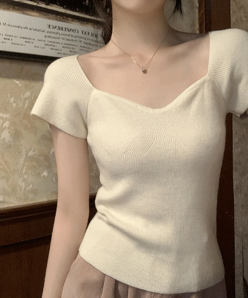 시그널러브 세이 하트넥 웨이브 골지 반팔 니트티 TOP7852 여름 가을 봄 절개 여리핏 라인 슬림