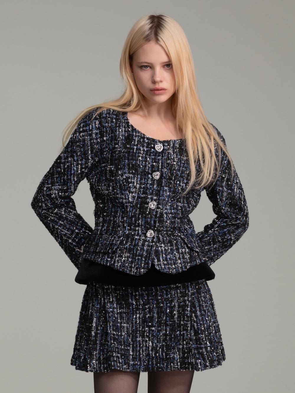Blue & silver sequined tweed raglan sleeves jacket