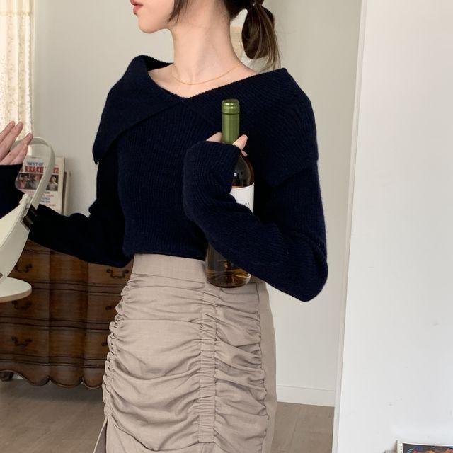 오픈 카라 울 골지 니트 티셔츠 (5color)_더모닌