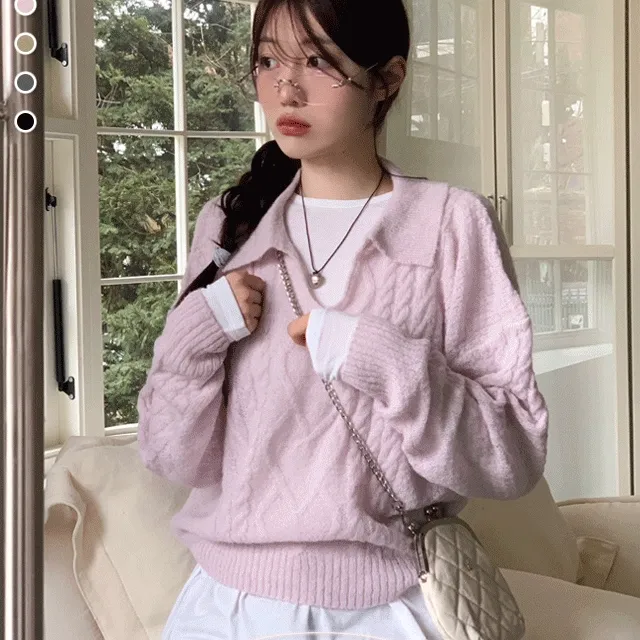 [파스텔색감🫧울혼방]하이픈 헤어리 여리 루즈핏 카라넥 꽈배기 롱슬리브 울니트 5color