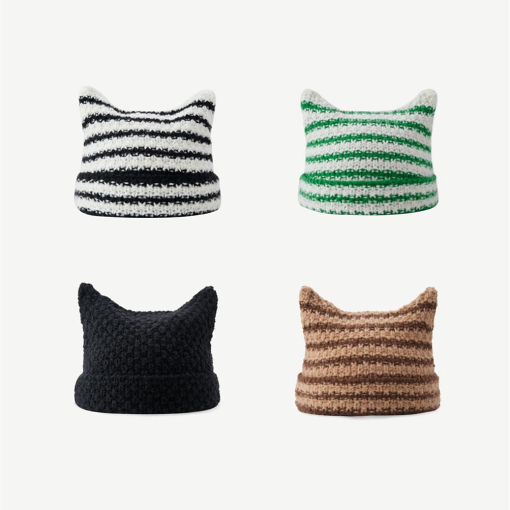 고양이귀 스트라이프 니트 비니 모자