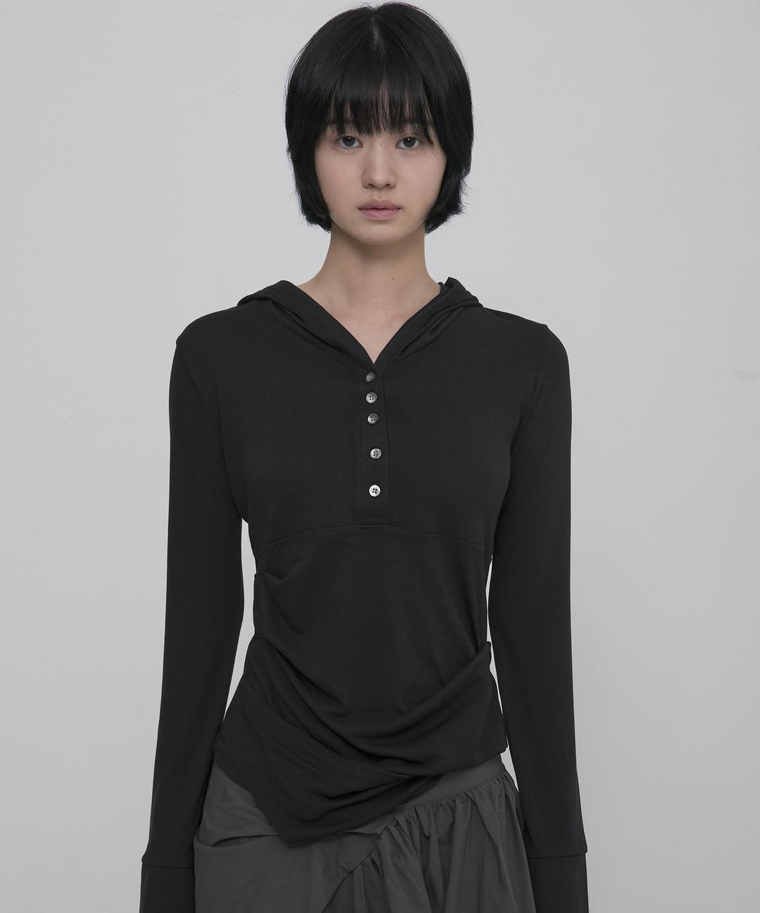 Asymmetrical Draped Hoodie (FL-187_Black)