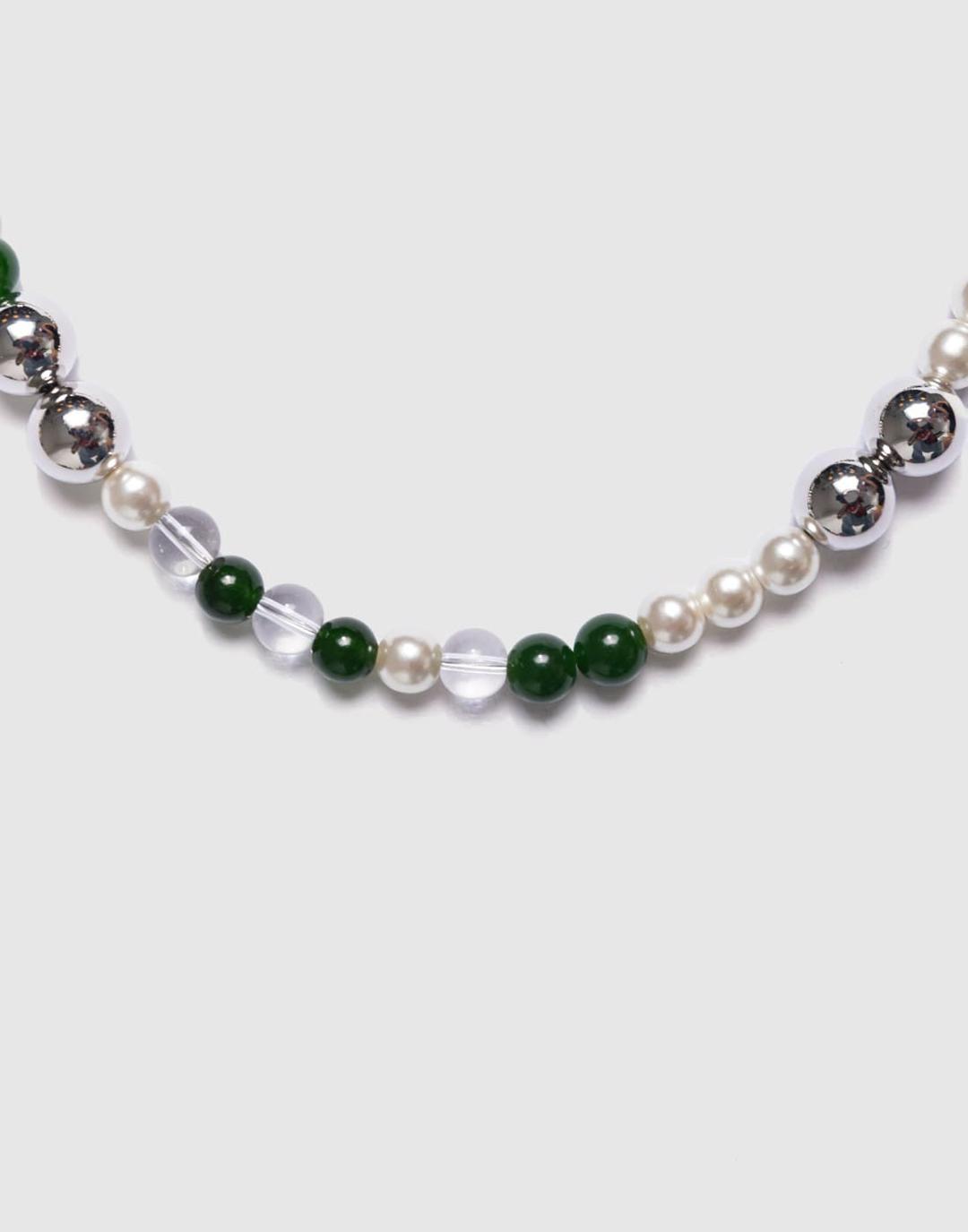 Green Stone & Pearl Necklace (Green / Siver)