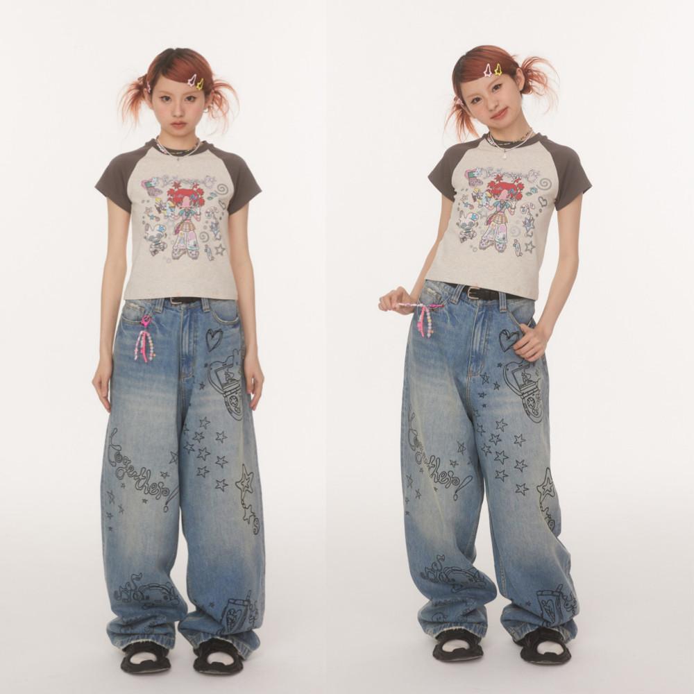 BETWEENAND X sunonebird 일러스트 래글런 배색반팔티셔츠 세미 크롭티