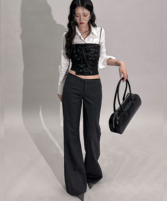 도쿄 로우 스트라이프 부츠컷 슬랙스 팬츠