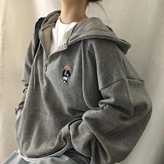[왕오버핏] 테디자수 반오픈 집업 / 루즈핏 긴팔 후드집업 / 간절기 곰돌이 지퍼 후드티셔츠 / 캐릭터 그림 프린팅자수 / 쭈리안감 이너 후드