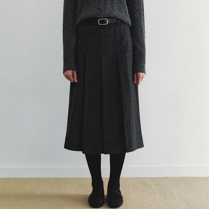 헤링본 울 플리츠 미디 스커트 - 차콜